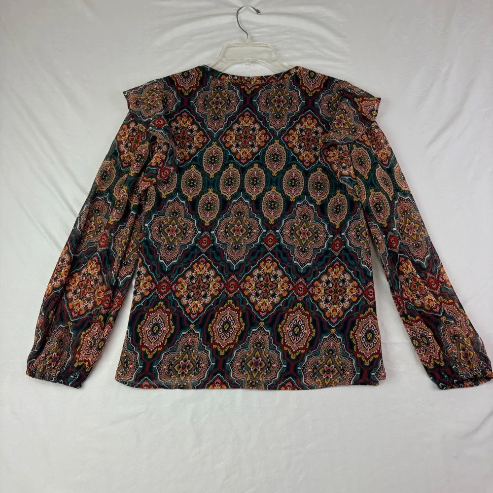 Loft M Petite Colorful Geometric Medallion Split Neck Blouse Boho Career Ruffle